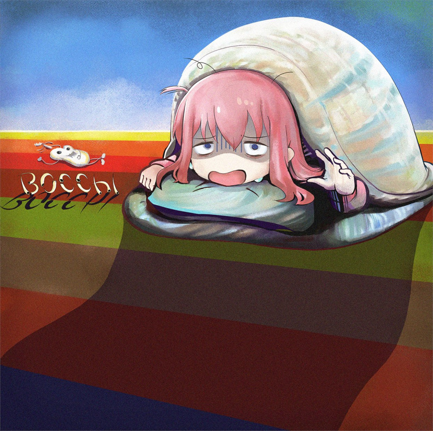 1girl, album_cover, album_cover_redraw, bangs, bed, blanket, blue_eyes, bocchi_the_rock!, cover, derivative_work, emerson_lake_&amp;_palmer, gotou_hitori, highres, jacket, long_hair, lying, nishizono_shin, one_side_up, open_mouth, parody, pillow, pink_hair, pink_jacket, tarkus_(album), track_jacket, under_covers