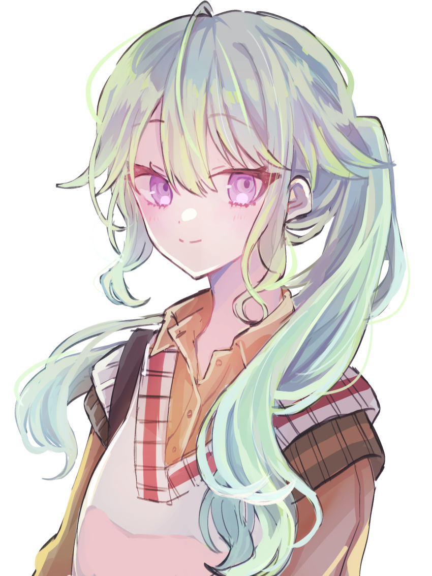 1girl, bangs, blush, brown_shirt, closed_mouth, collared_shirt, green_hair, green_sweater_vest