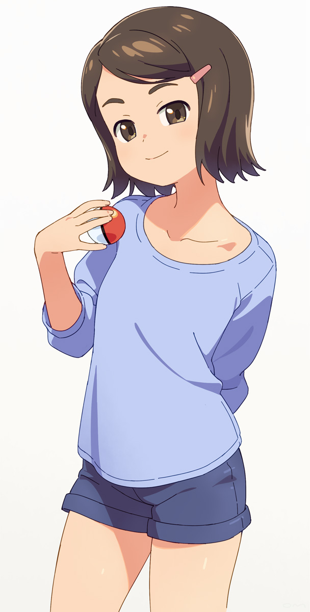 1girl, arm_behind_back, bangs, blue_shirt, blue_shorts, brown_eyes, brown_hair, closed_mouth