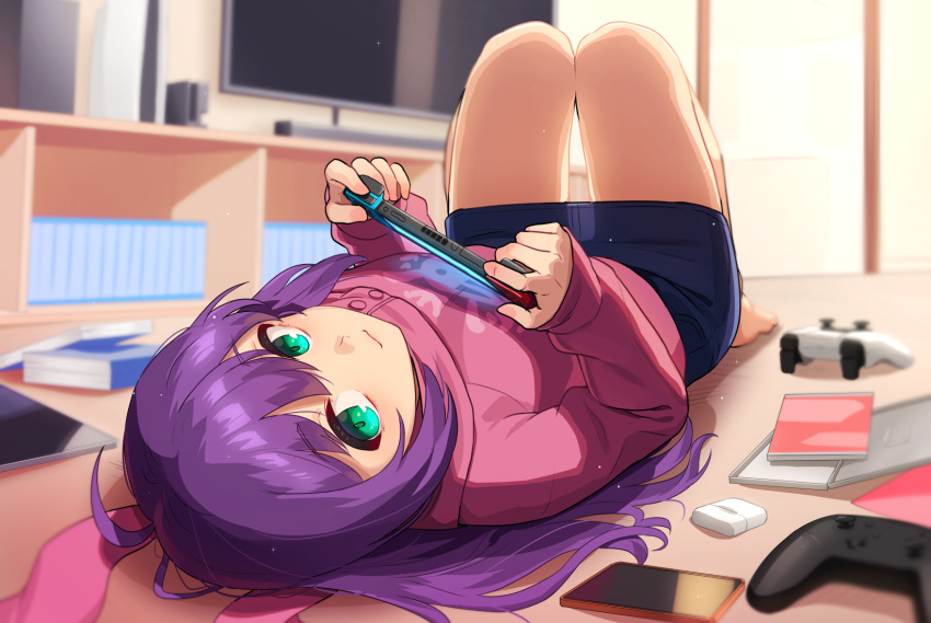 1girl, animal_hood, barefoot, blurry, blurry_background, commentary_request, controller, denim, denim_skirt, game_controller, green_eyes, hair_between_eyes, highres, hood, hoodie, idolmaster, idolmaster_million_live!, indoors, kamille_(vcx68), knees_up, long_hair, looking_at_viewer, lying, miniskirt, mochizuki_anna, nintendo_switch, on_back, on_floor, pencil_skirt, playing_games, playstation_5, purple_hair, rabbit_hood, skirt, solo, television