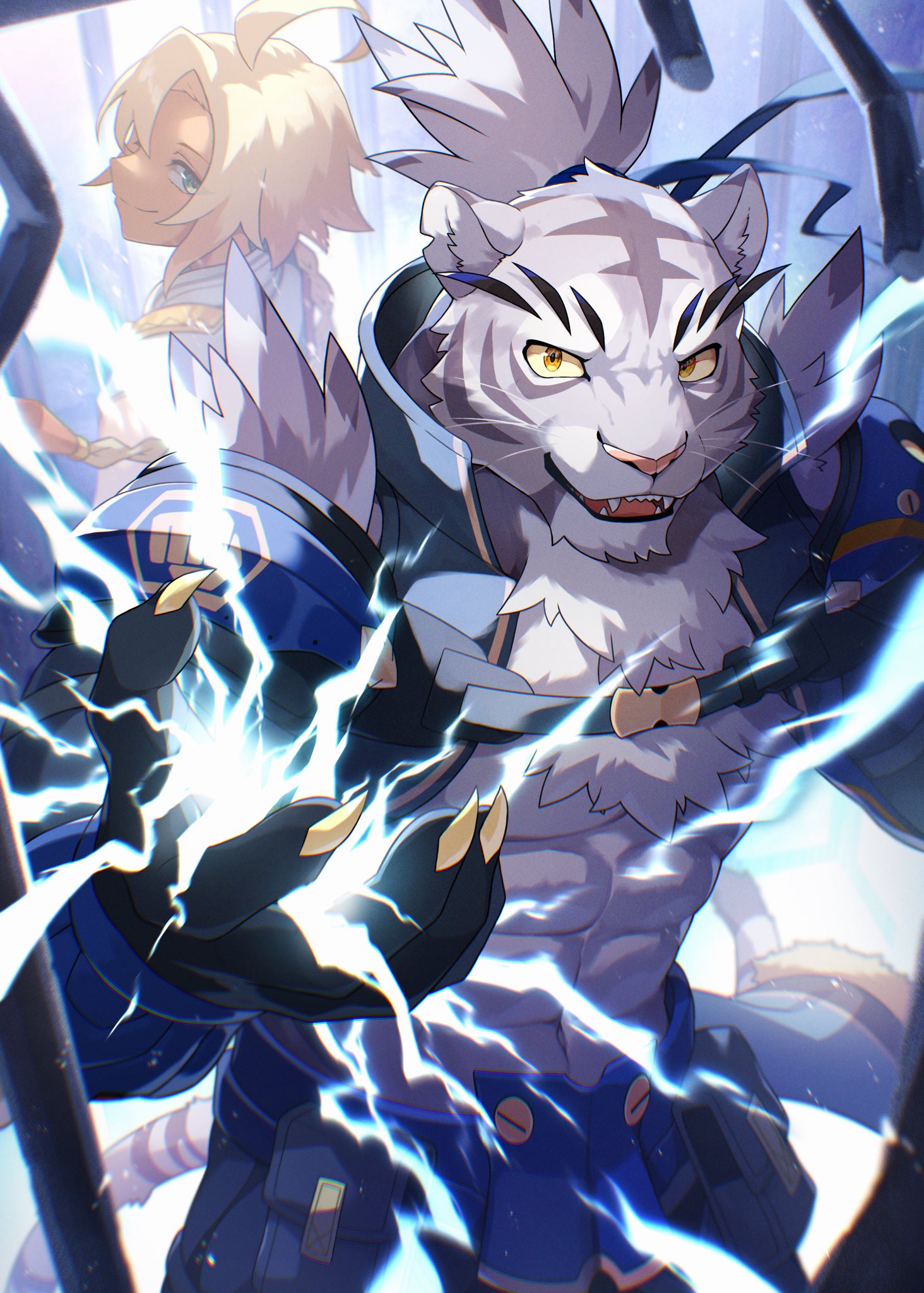 2boys, abs, ahoge, animal_ear_fluff, animal_ears, animal_hands, animal_nose, armor, black_gloves, blonde_hair, blue_ribbon, blue_shorts, body_fur, braid, braided_ponytail, chromatic_aberration, claws, colored_sclera, commentary_request, cowboy_shot, dark-skinned_male, dark_skin, electricity, electrokinesis, epaulettes, fangs, fur_collar, furry, furry_male, gloves, green_eyes, grey_fur, grey_hair, hair_ribbon, hand_up, happy, highres, light_particles, long_hair, looking_at_viewer, looking_back, male_focus, multicolored_fur, multicolored_hair, multiple_boys, muscular, muscular_male, navel, nimbus_(world_flipper), notched_ear, official_alternate_costume, open_mouth, pectorals, ponzu_tas, ribbon, rolan_(world_flipper), sharp_teeth, short_hair, shorts, shoulder_armor, smile, solo_focus, standing, stomach, striped_fur, striped_tail, tail, teeth, tiger_boy, tiger_ears, tiger_tail, topknot, two-tone_hair, vambraces, whiskers, white_fur, world_flipper, yellow_eyes, yellow_sclera