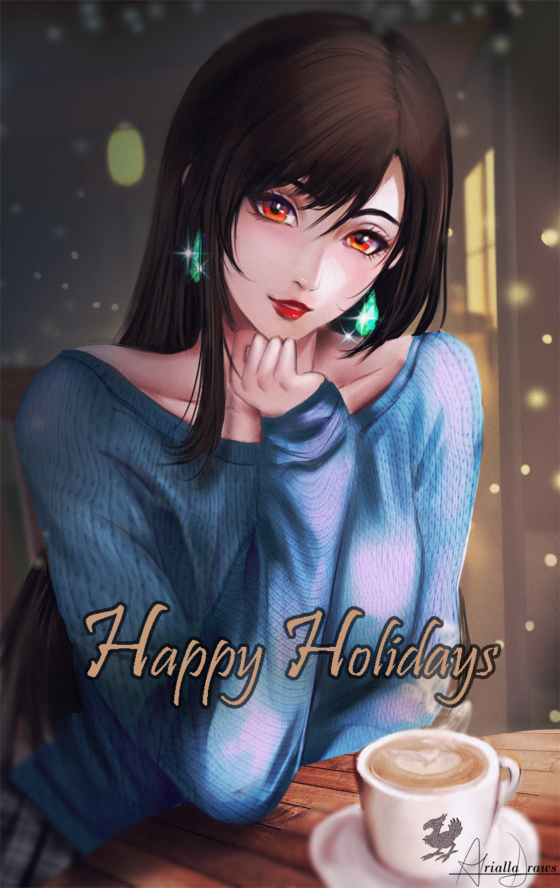 1girl, arialla_draws, artist_name, bangs, black_hair, blue_sweater, breasts, brown_hair, coffee_cup, collarbone, cup, disposable_cup, earrings, elbow_rest, english_commentary, eyelashes, final_fantasy, final_fantasy_vii, final_fantasy_vii_remake, happy_holidays, highres, indoors, jewelry, light_particles, lipstick, long_hair, long_sleeves, looking_at_viewer, makeup, parted_lips, red_eyes, red_lips, single_sidelock, sitting, solo, sparkle, sweater, swept_bangs, table, tifa_lockhart, upper_body