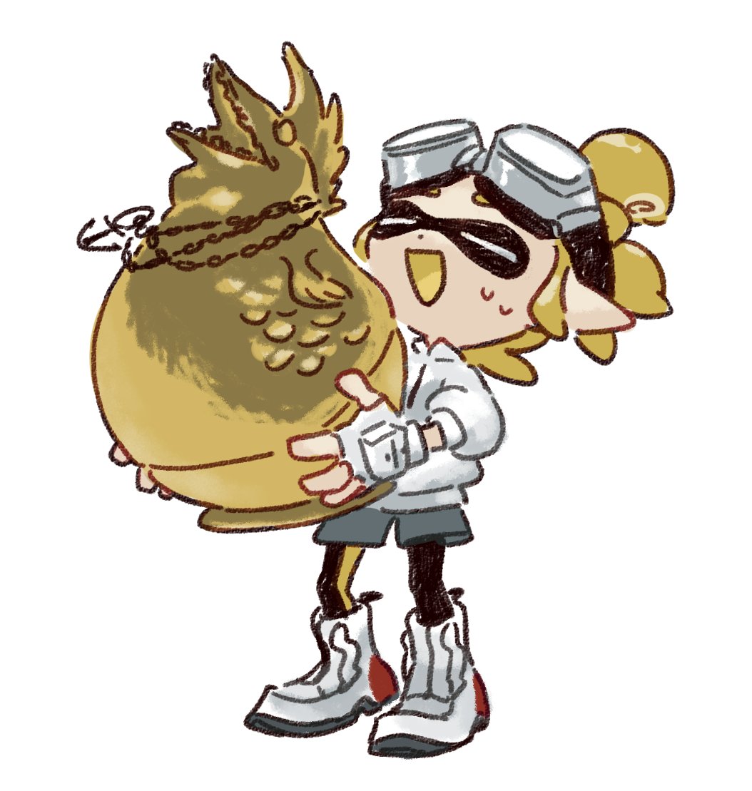 1boy, =_=, black_leggings, blonde_hair, closed_eyes, cohozuna_(splatoon), eyewear_on_head, fingerless_gloves