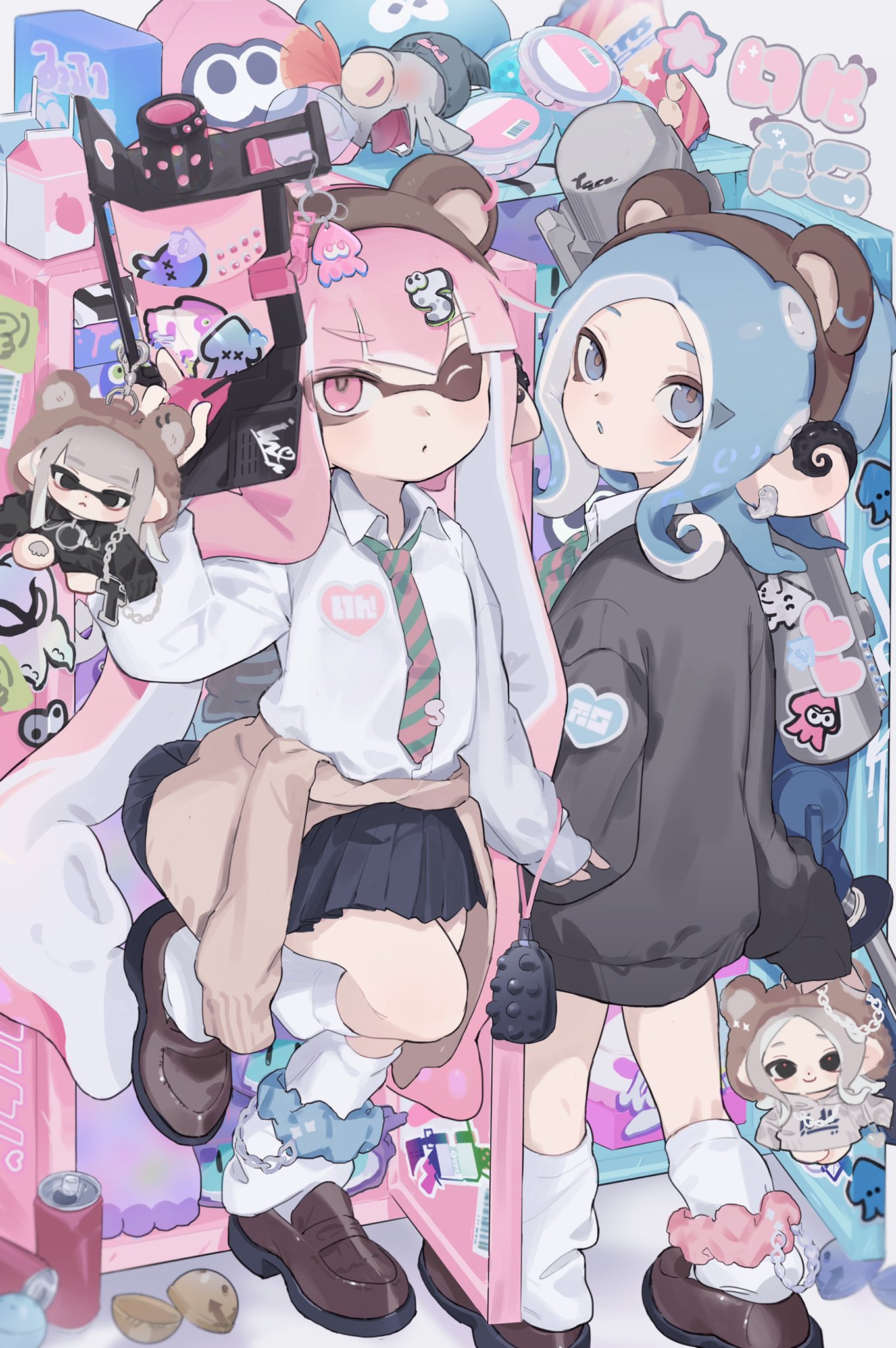 .52_gal_(splatoon), 2girls, animal_ears, ankle_scrunchie, bag, bangs, bear_ears, black_skirt