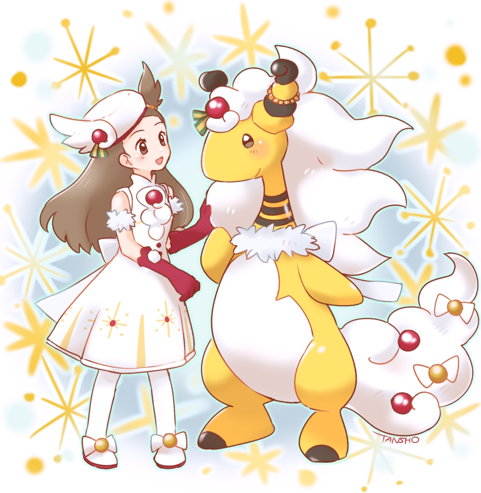1girl, ampharos, brown_eyes, dress, full_body, gloves, jasmine_(holiday_2022)_(pokemon), jasmine_(pokemon)
