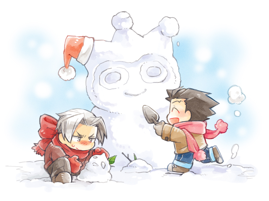 2boys, ace_attorney, blue_badger, boots, brown_hair, christmas, closed_eyes, coat