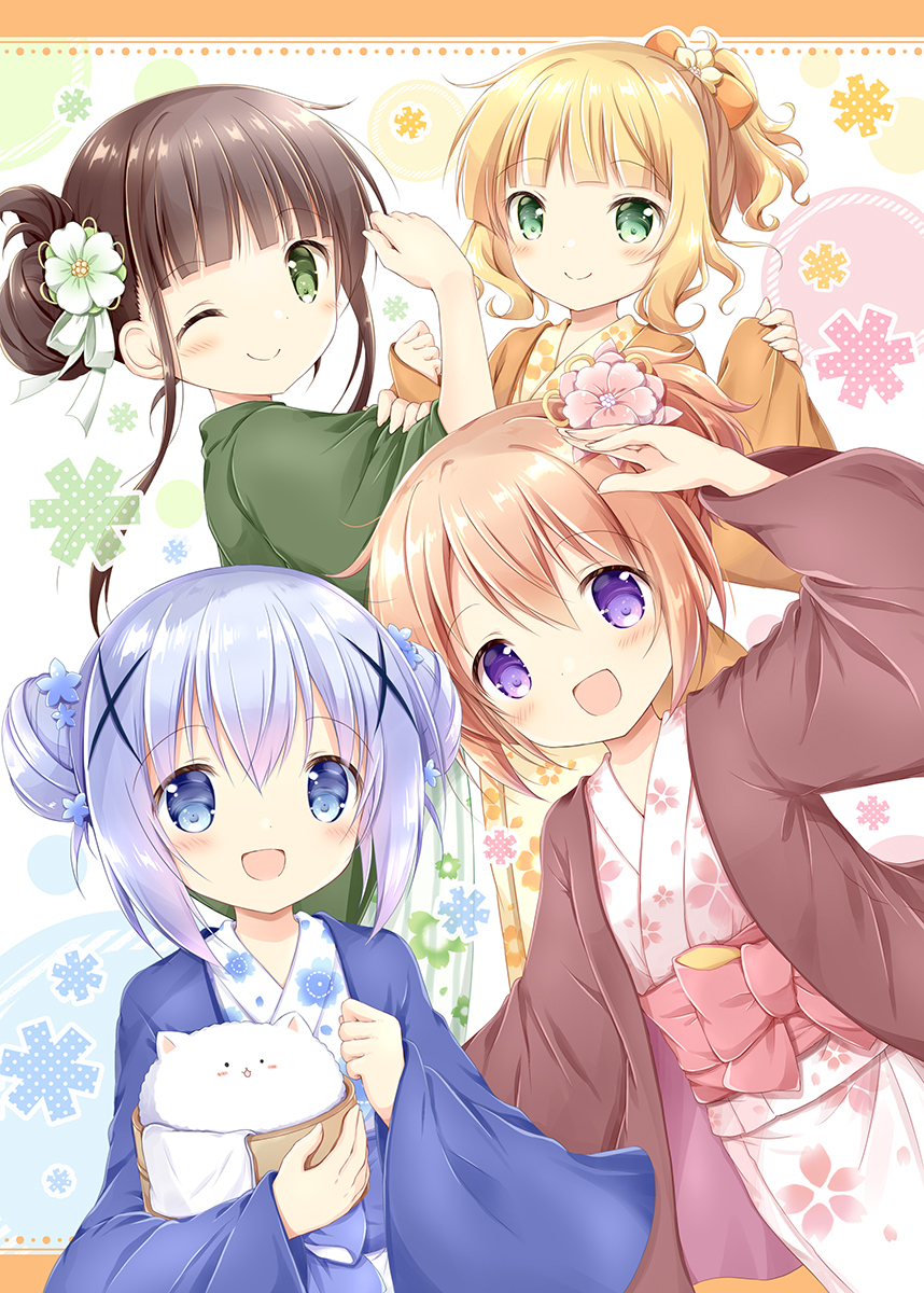 4girls, :d, ;), angora_rabbit, animal, bangs, blonde_hair, blue_eyes