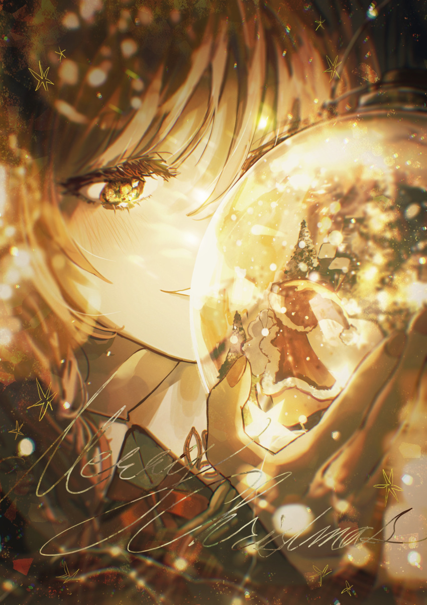 1girl, absurdres, bangs, blurry, blurry_foreground, blush, brown_hair, brown_jacket, christmas, collared_shirt, english_text, green_shirt, highres, holding, jacket, kika, light_particles, merry_christmas, night, open_mouth, original, red_nails, shirt, smile, snow_globe, solo, star_(symbol), upper_body, yellow_eyes