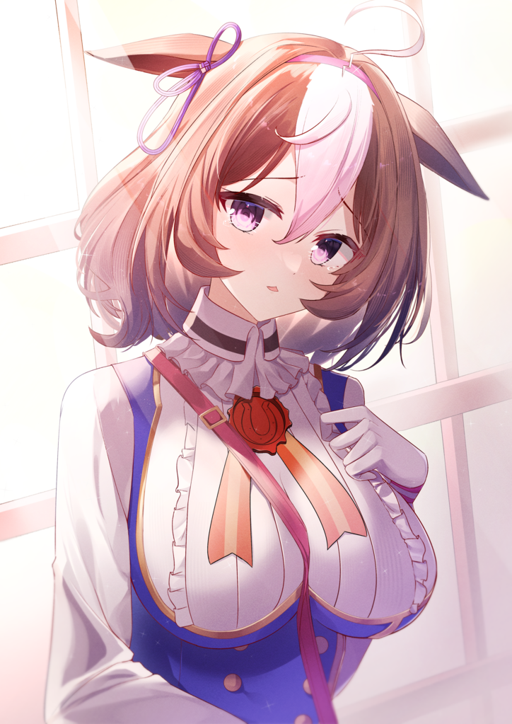 1girl, ahoge, animal_ears, between_breasts, blush, breasts, brown_hair, commentary_request, elanore, gloves, headband, horse_ears, horse_girl, looking_at_viewer, medium_hair, meisho_doto_(racehorse), open_mouth, portrait, umamusume, violet_eyes, window