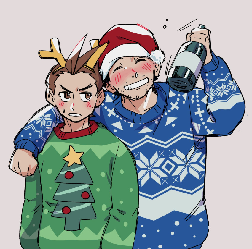 2boys, ace_attorney, antlers, apollo_justice, arm_up, black_hair, blush, bottle