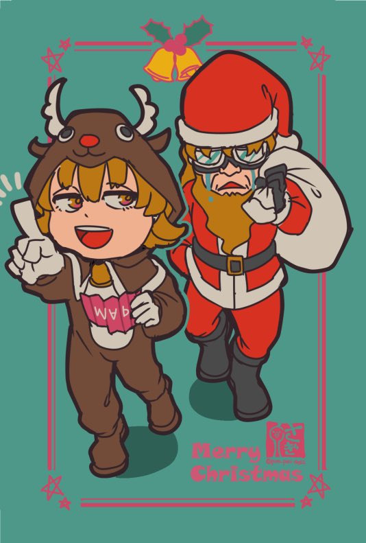 2boys, ace_attorney, ace_attorney_investigations, animal_costume, animal_ears, animal_hood, antlers, beard, boots, brown_eyes, brown_hair, chibi, christmas, crying, deer_ears, facial_hair, fake_antlers, glasses, gloves, hat, hood, ichiyanagi_bansai, ichiyanagi_yumihiko, long_sleeves, male_focus, merry_christmas, multiple_boys, oekakisagi, open_mouth, pants, pointing, red_nose, reindeer_antlers, reindeer_costume, reindeer_hood, sack, santa_boots, santa_costume, santa_hat, smile, walking, white_gloves