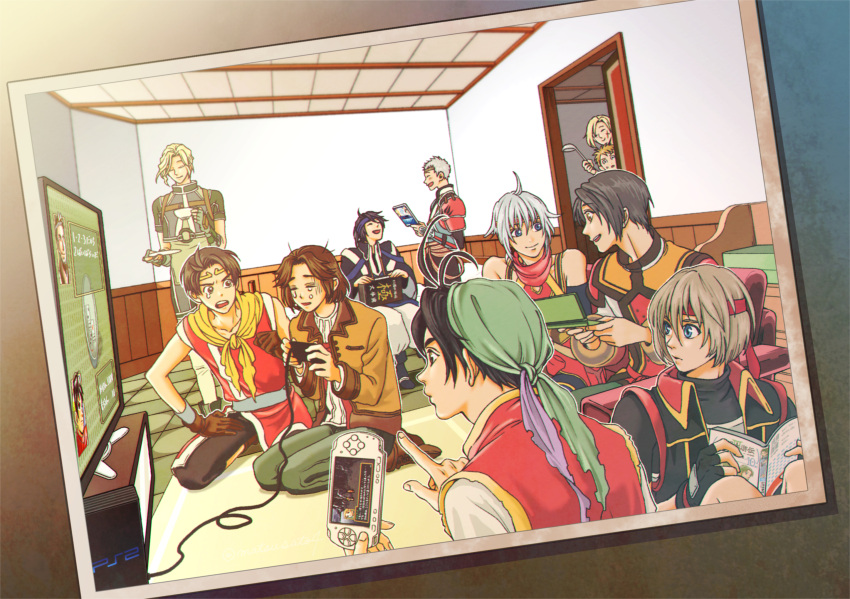 blonde_hair, brown_hair, freyjadour_falenas, gensou_suikoden, gensou_suikoden_i, gensou_suikoden_ii, gensou_suikoden_iii, gensou_suikoden_iv, gensou_suikoden_tierkreis, gensou_suikoden_tsumugareshi_hyakunen_no_toki, gensou_suikoden_v, gremio_(gensou_suikoden), handheld_game_console, hero_(suikoden_tierkreis), highres, lazlo_(gensou_suikoden), nash_latkje, playstation_portable, riou_(gensou_suikoden), satoko_matsumoto, short_hair, ted_(suikoden), television, thomas_(suikoden), tir_mcdohl, white_hair