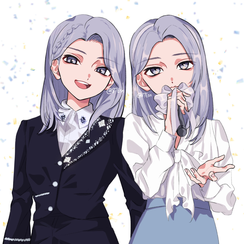 1girl, 87esn, absurdres, animification, bangs, black_jacket, blue_skirt, chinese_commentary, collared_shirt, girls_planet_999, grey_eyes, grey_hair, grey_hairband, hairband, head_tilt, highres, holding, holding_microphone, jacket, looking_to_the_side, microphone, multiple_views, open_hand, open_mouth, real_life, shirt, shirt_tucked_in, skirt, su_ruiqi, twitter_username, white_background, white_shirt