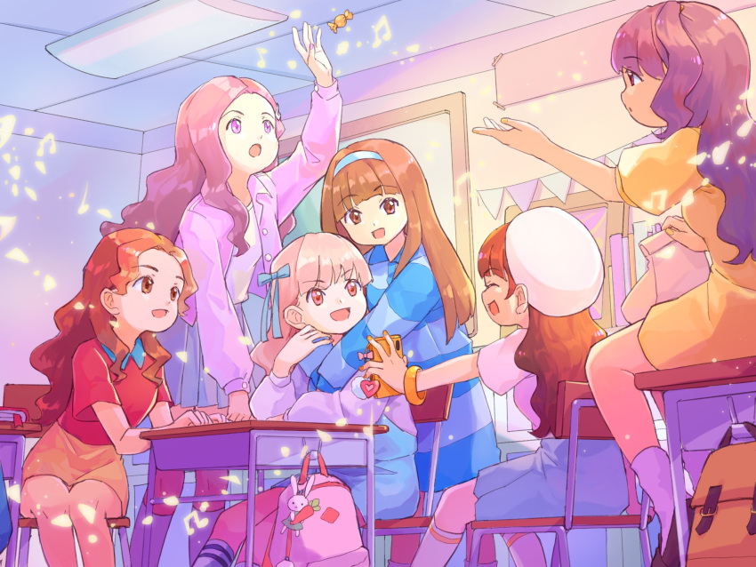 6+girls, ^_^, animification, backpack, backpack_removed, bag, bangs, beret, blue_bow, blue_hairband, blue_shirt, blue_skirt, bow, breasts, brown_hair, candy, choi_ye-na, classroom, closed_eyes, collared_shirt, dress, food, hair_behind_ear, hair_bow, hairband, hat, highres, honda_hitomi, hug, hug_from_behind, indoors, izone, jo_yu-ri, k-pop, kim_chae-won, kross_(kira89757), long_sleeves, medium_breasts, multiple_girls, musical_note, open_hand, open_mouth, orange_skirt, parted_bangs, pink_hair, purple_shirt, real_life, red_shirt, shirt, sitting, skirt, smile, socks, striped, striped_shirt, stuffed_animal, stuffed_bunny, stuffed_toy, violet_eyes, white_headwear, white_shirt, white_socks, wonyoung_(ive), yabuki_nako, yellow_dress
