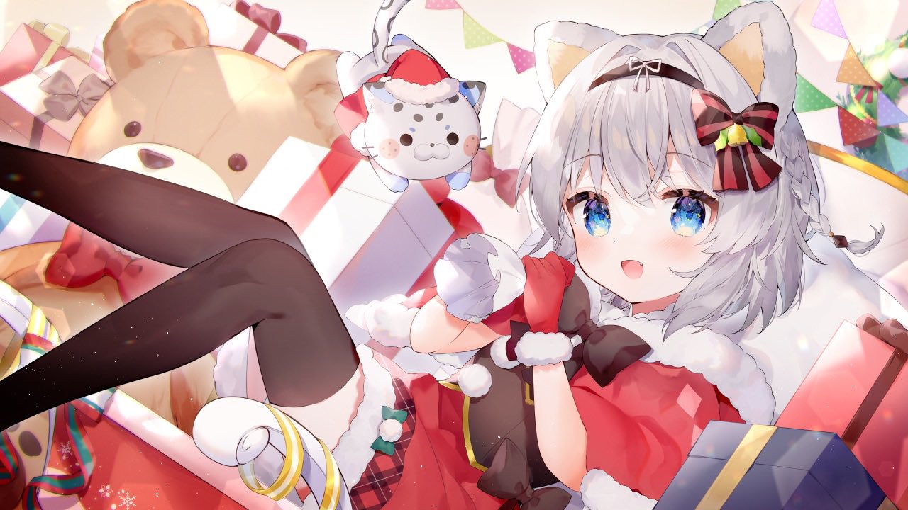 1girl, :d, animal_ears, black_thighhighs, blue_eyes, box, braid, dress