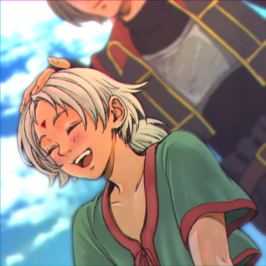 child, facial_mark, forehead_mark, gensou_suikoden, gensou_suikoden_iv, headpat, highres, lazlo_(gensou_suikoden), male_child, rakgi_(gensou_suikoden), satoko_matsumoto, smile