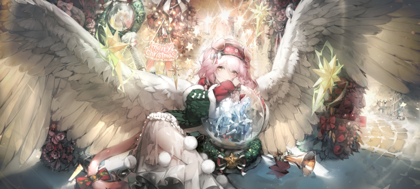 1girl, absurdres, angel_wings, animal_ears, arknights, blush, bow, candy, candy_cane, cat_ears, cat_girl, cat_tail, christmas, christmas_ornaments, commentary_request, electricity, feathered_wings, food, goldenglow_(arknights), goldenglow_(night_loving_servant)_(arknights), green_sweater_vest, hair_between_eyes, hair_bow, highres, instrument, long_sleeves, lying, merry_christmas, pink_hair, ribiadan, see-through, short_hair, smile, snow, snow_globe, solo, sweater_vest, tail, tail_bow, tail_ornament, trumpet, white_wings, wings, yellow_eyes