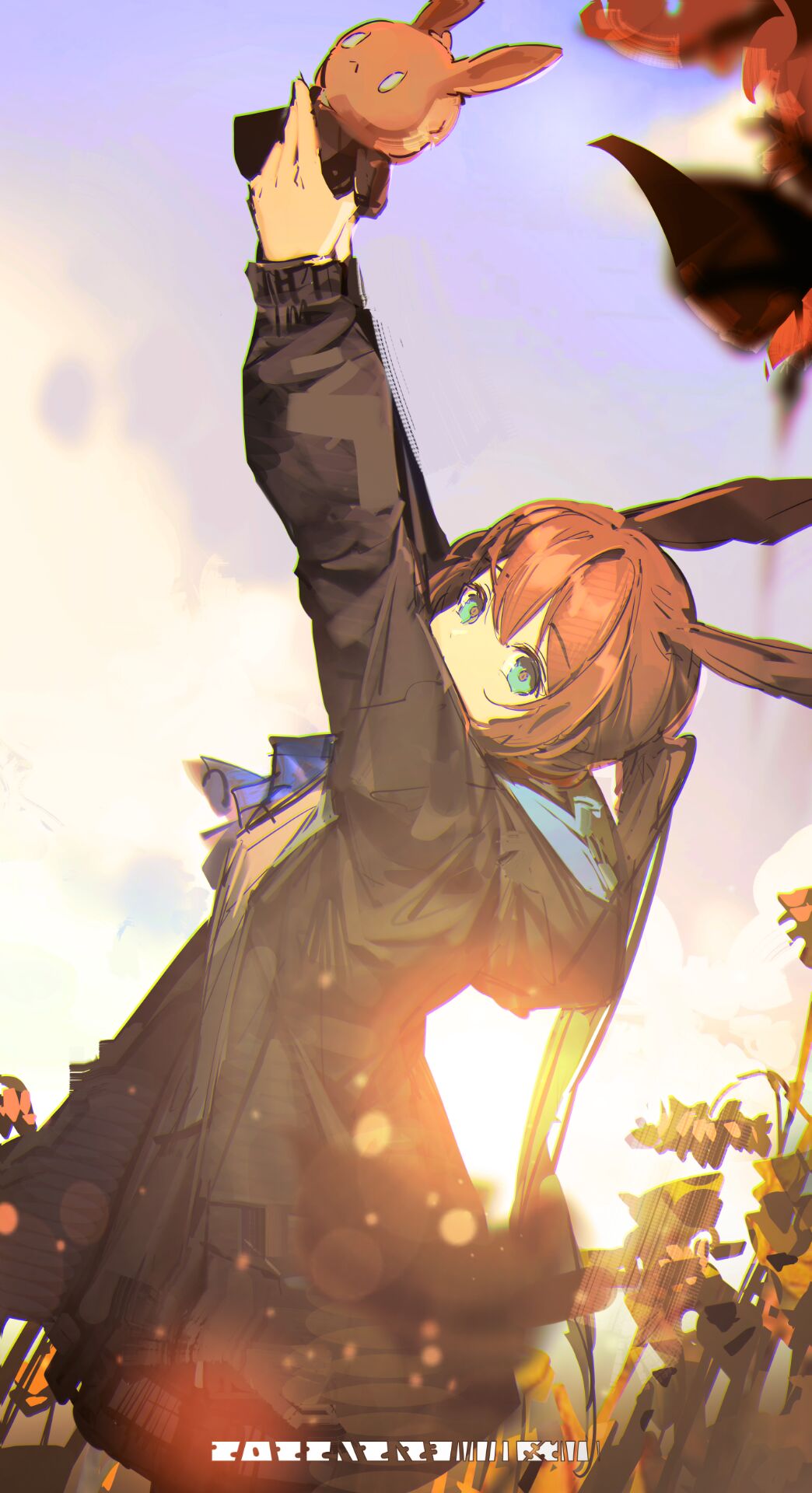 1girl, amiya_(arknights), animal_ears, arknights, arms_up, ascot, black_jacket, blue_ascot