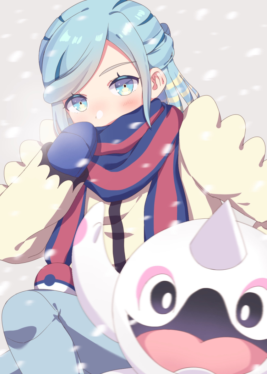 1boy, aqua_eyes, aqua_hair, blue_mittens, blue_scarf, blush, cetoddle, commentary_request