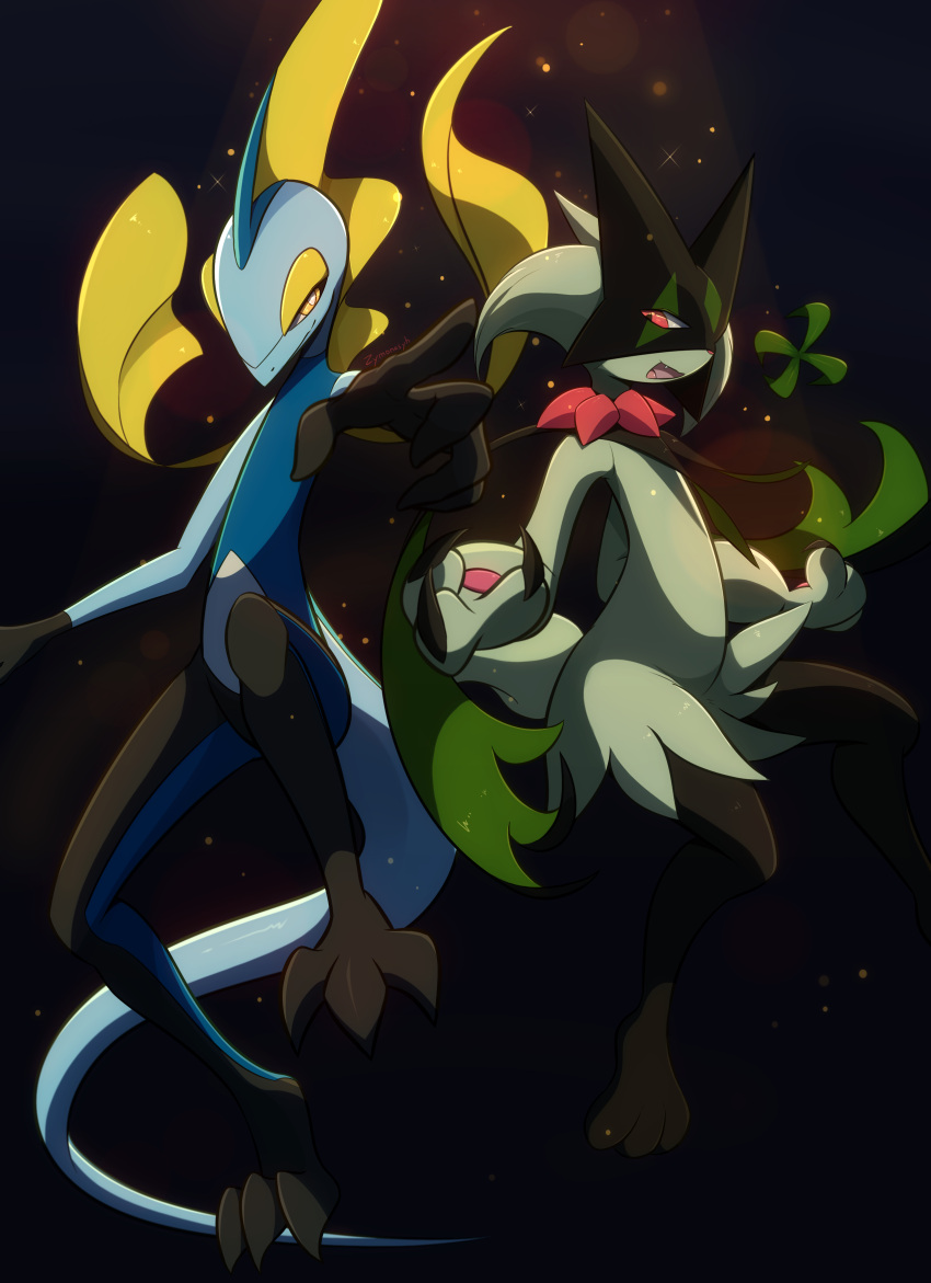 2others, absurdres, black_background, bright_pupils, claws, closed_mouth, commentary_request, fang, furry, highres, inteleon, meowscarada, multiple_others, open_mouth, orange_eyes, pokemon, pokemon_(creature), smile, white_pupils, yellow_eyes, zymonasyh
