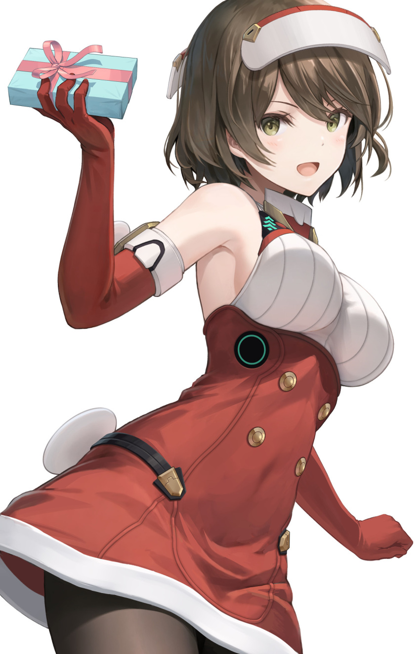 1girl, alice_gear_aegis, bangs, black_pantyhose, box, breasts, brown_hair, cowboy_shot, dress, elbow_gloves, gift, gift_box, gloves, green_eyes, headgear, highres, looking_at_viewer, medium_breasts, medium_hair, onaga_akino, open_mouth, pantyhose, pinakes, red_dress, red_gloves, solo, white_background