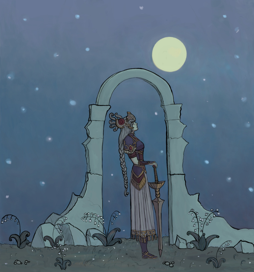 1girl, aconitum-acolyte, armor, armored_dress, blue_armor, braid, flower, full_moon, gold_trim, helmet, highres, lenneth_valkyrie, long_hair, looking_to_the_side, low-braided_long_hair, moon, night, night_sky, outdoors, ruins, sky, solo_focus, standing, sword, valkyrie, valkyrie_profile, weapon, white_flower, winged_helmet