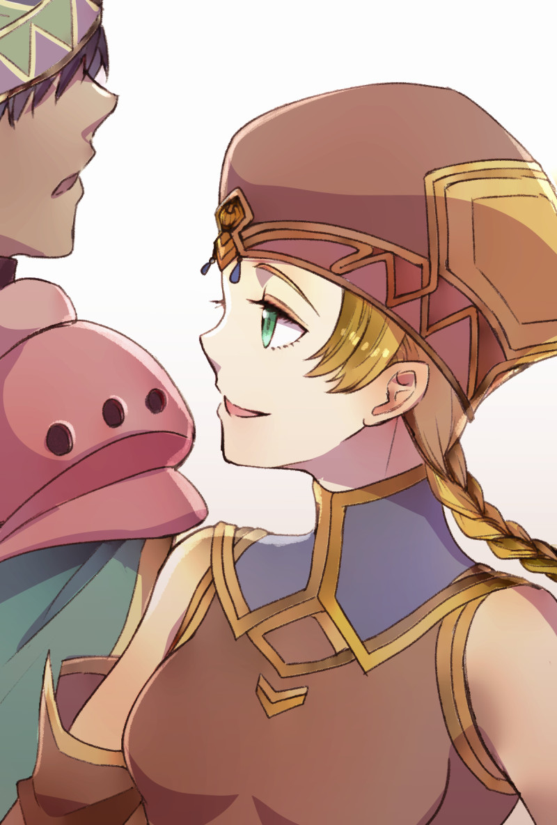 1boy, 1girl, bare_shoulders, blonde_hair, braid, dark_skin, frei_(valkyrie_profile), gold_trim