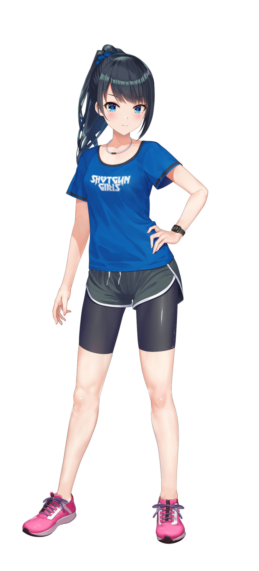 1girl, asagiri_kaeno, beat_refle, bike_shorts, black_hair, black_shorts, blue_eyes, blue_scrunchie