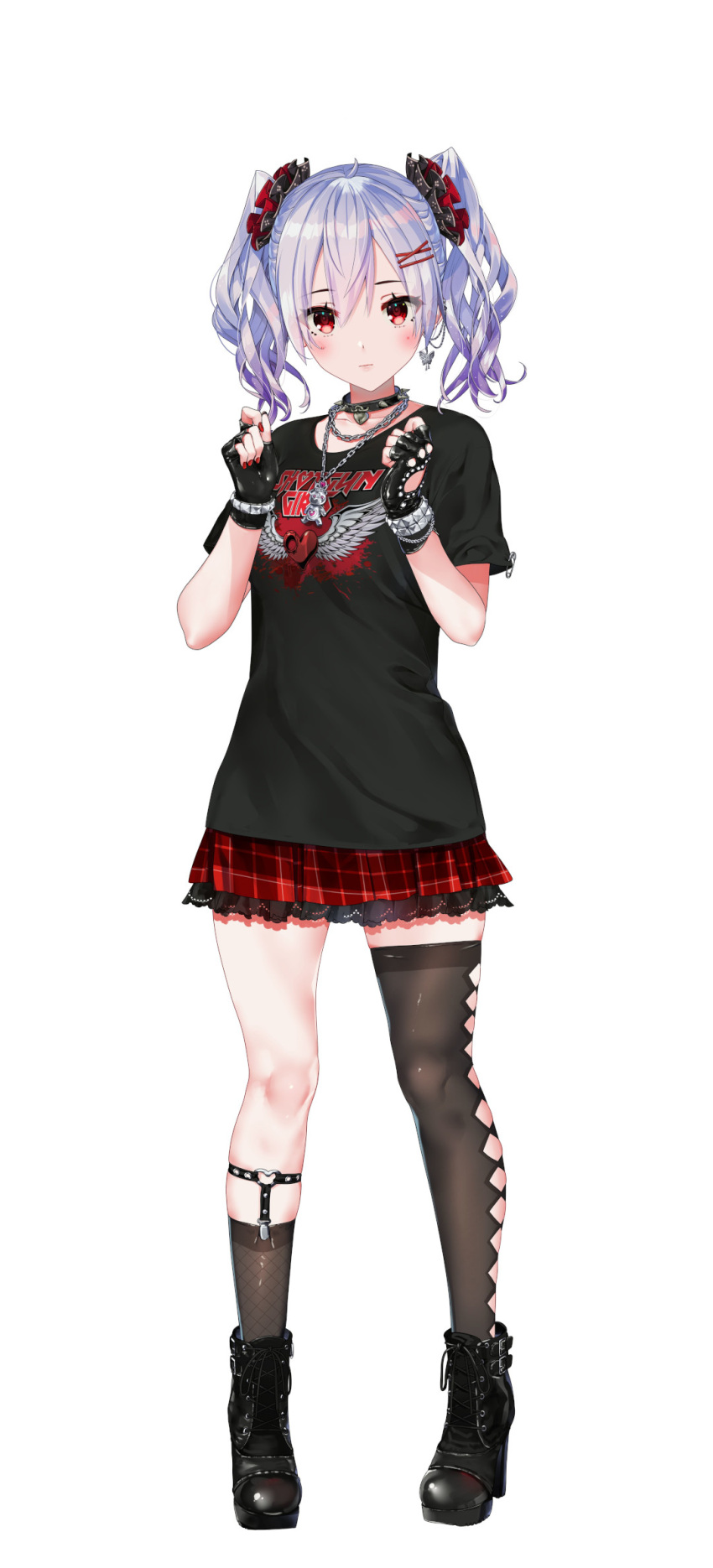 1girl, amamiya_mei_(beat_refle), asymmetrical_legwear, beat_refle, black_footwear, black_gloves, black_shirt, black_socks