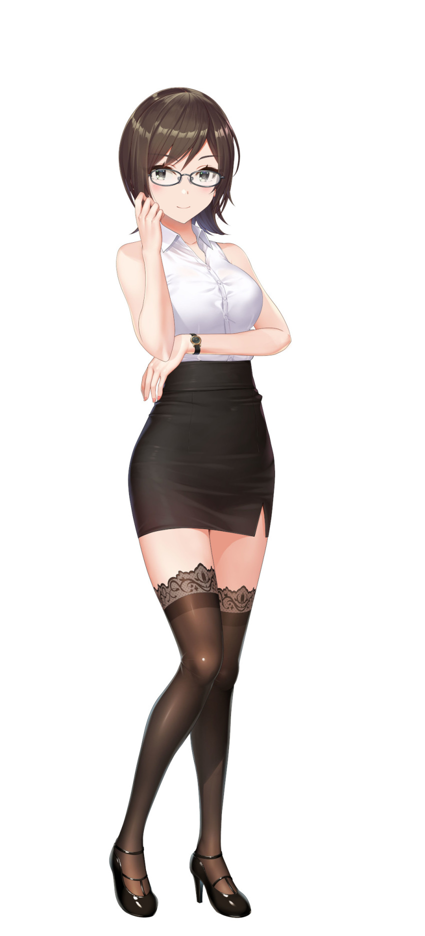 1girl, bare_arms, beat_refle, black_footwear, black_skirt, black_thighhighs, brown_eyes, brown_hair