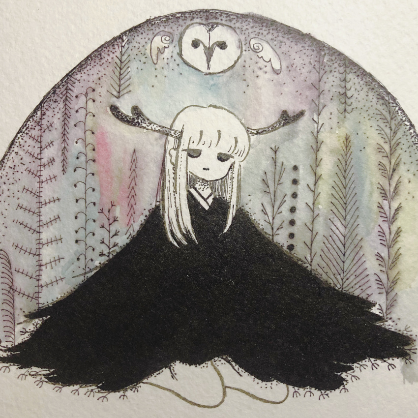 1girl, absurdres, bare_legs, bird, black_eyes, black_robe, detached_wings, expressionless
