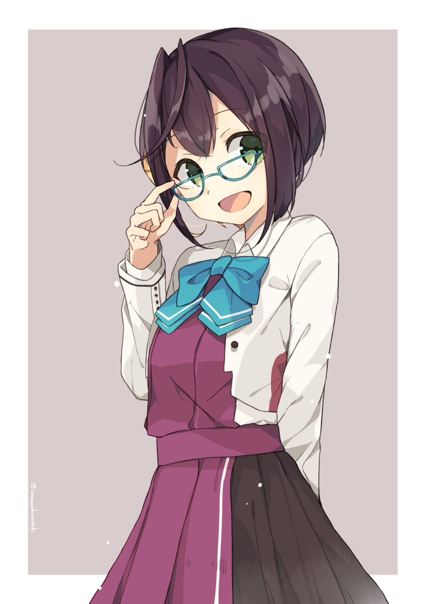1girl, adjusting_eyewear, aqua_bow, black_hair, blazer, blue-framed_eyewear, bow, commentary_request
