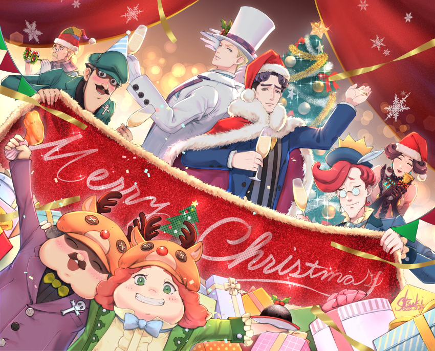 6+boys, absurdres, ace_attorney, alcohol, antlers, arm_up, ashley_graydon, banner, bell, black_hair, blonde_hair, blue_eyes, bow, bowtie, box, champagne, chicken_leg, christmas, christmas_ornaments, christmas_tree, closed_eyes, closed_mouth, cup, daley_vigil, evie_vigil, fabien_de_rousseau, fake_antlers, food, formal, fur-trimmed_headwear, gift, gift_box, gloves, hat, highres, holding, holding_cup, holding_plate, jacket, jingle_bell, looking_at_viewer, mason_milverton, merry_christmas, multiple_boys, nash_skulkin, open_mouth, party_hat, peppino_de_rossi, plate, pudding, red_headwear, redhead, reindeer_antlers, reindeer_hat, ringo_skulkin, santa_hat, short_hair, smile, suit, the_great_ace_attorney, top_hat, tsuki_(applebeniakari), white_gloves, white_jacket