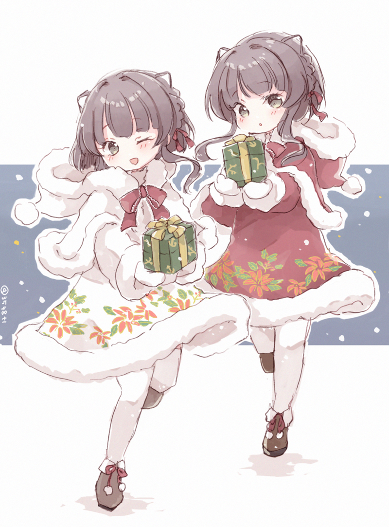 2girls, alternate_color, black_hair, brown_eyes, commentary_request, dress, dual_persona, fur-trimmed_dress