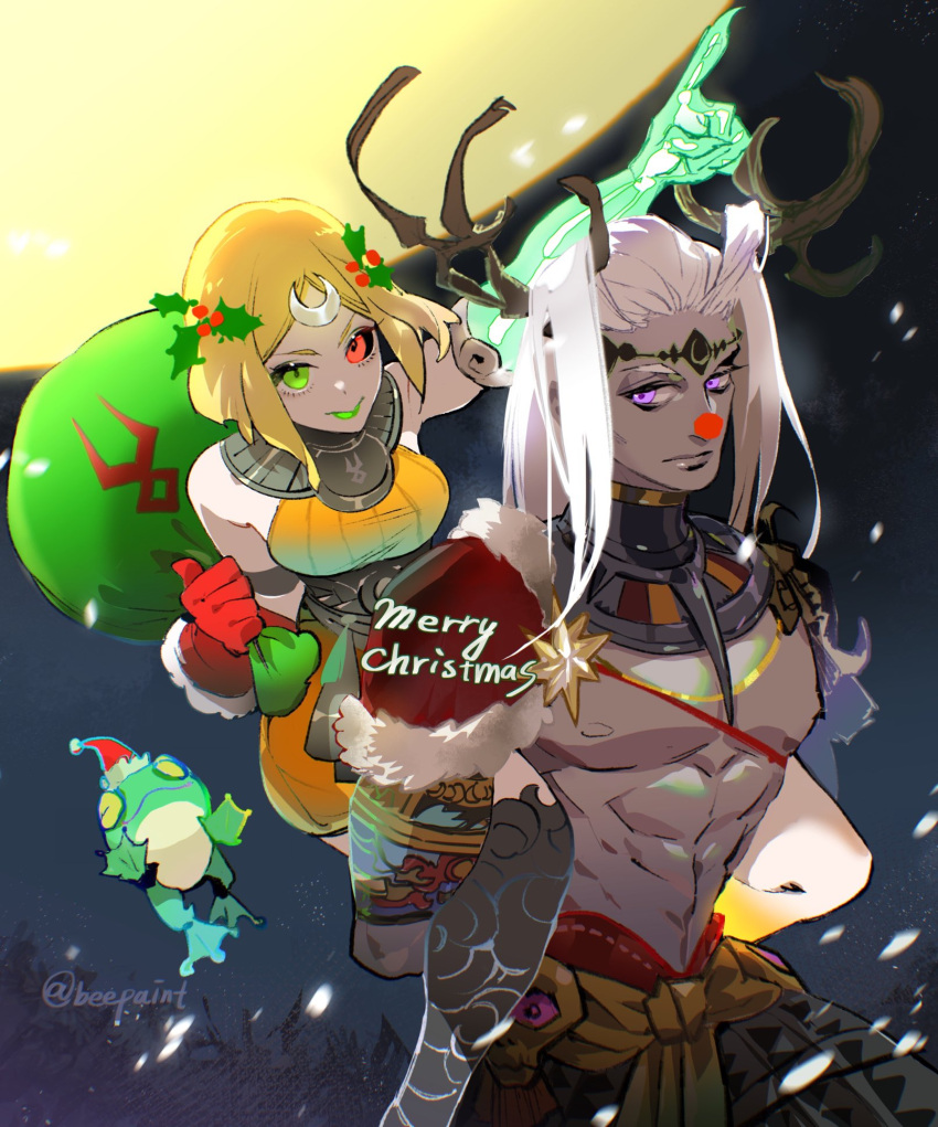 1boy, 1girl, antlers, beepaint, blonde_hair, bone, carrying, christmas, dark-skinned_male, dark_skin, frog, full_moon, gloves, gorget, green_eyes, green_lips, hades_(series), hades_2, hair_ornament, highres, holly_hair_ornament, melinoe_(hades), merry_christmas, moon, moros_(hades), piggyback, pointing, red_eyes, sack, single_glove, smile, snowing, topless_male, translucent_skin, violet_eyes, white_hair