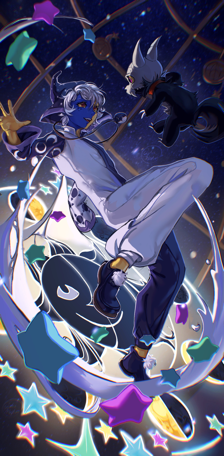 1boy, 1other, absurdres, child, claws, cyclic-abelian, full_body, hat, highres, jewelry, king_clawthorne, necklace, open_mouth, red_eyes, shoes, smile, star_(sky), star_(symbol), sun_symbol, tail, teeth, the_collector, the_owl_house, upper_teeth_only, white_hair