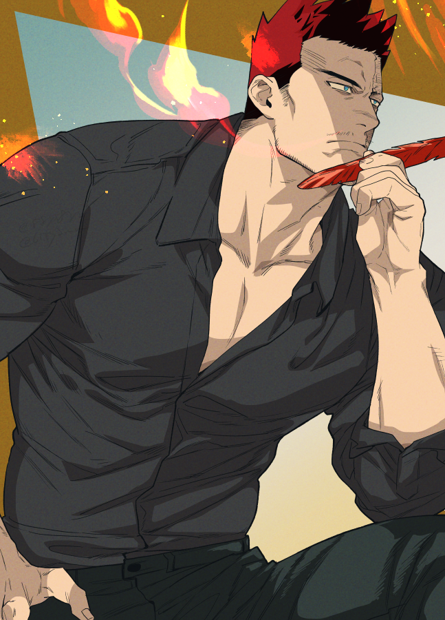 1boy, black_pants, black_shirt, blue_eyes, boku_no_hero_academia, collarbone, cowboy_shot, endeavor_(boku_no_hero_academia), feathers, holding, holding_feather, male_focus, muscular, muscular_male, pants, redhead, shirt, short_hair, short_sleeves, sitting, solo, spiky_hair, yan_(bltyann)