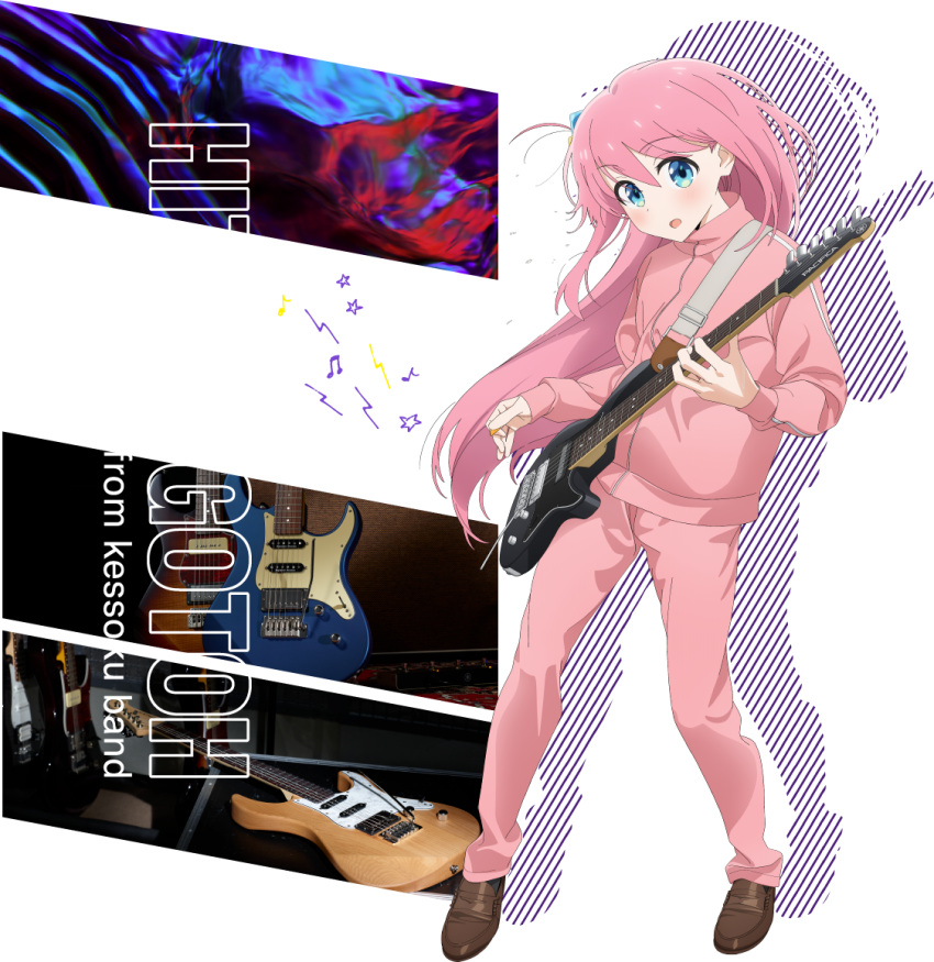 1girl, ahoge, bocchi_the_rock!, commentary_request, cube_hair_ornament, electric_guitar, gotou_hitori, guitar