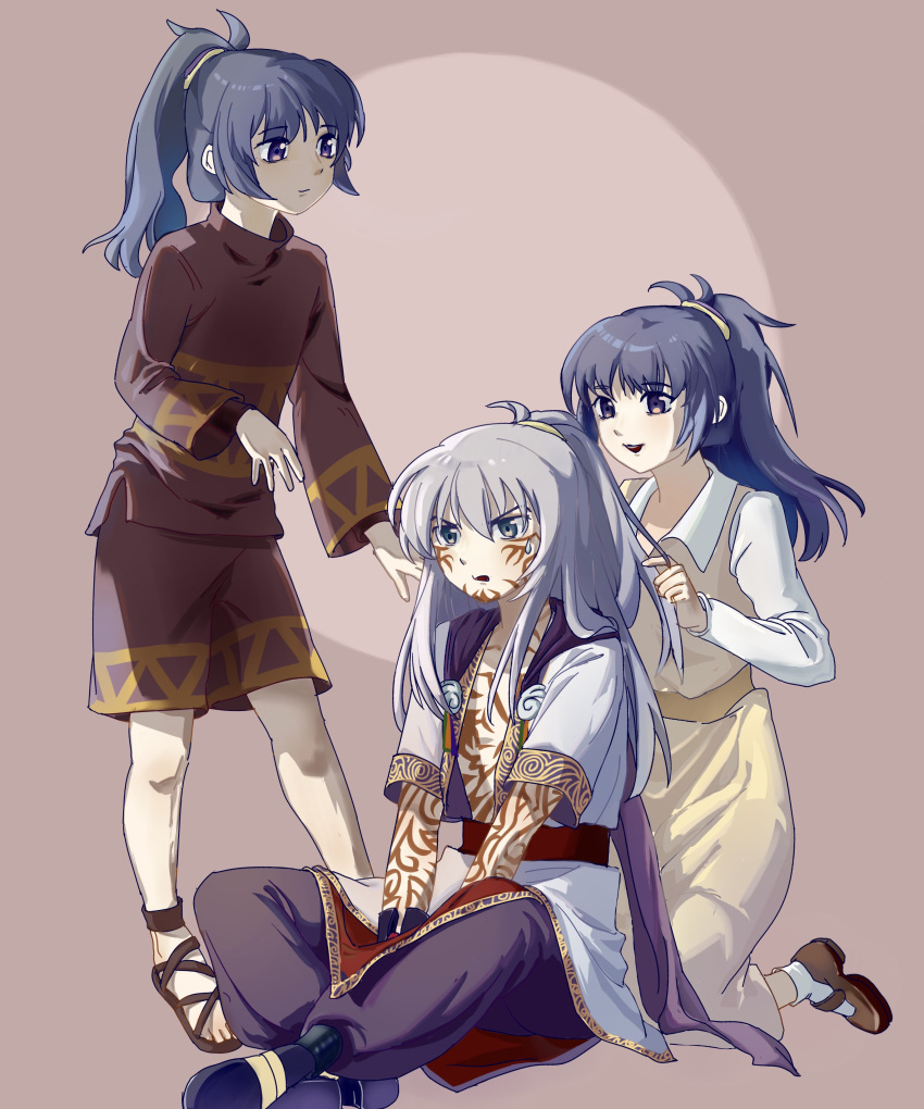 3boys, absurdres, adjusting_another's_hair, arcturus, bangs, blue_hair, brown_background, brown_shirt