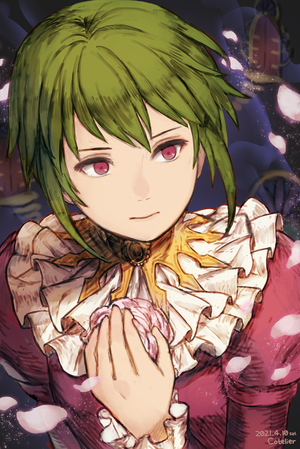 1girl, asellus_(saga_frontier), closed_mouth, cotelier, dated, door, dress, flower