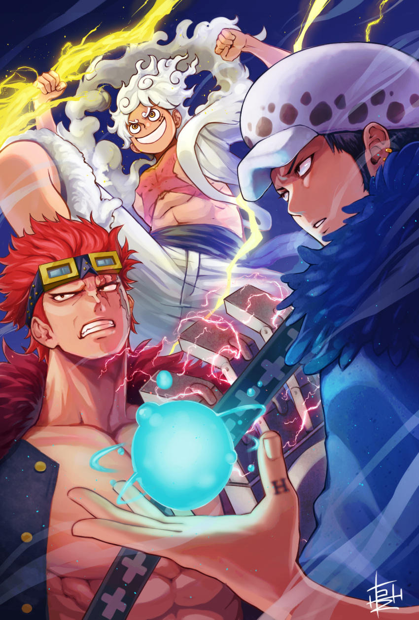 3boys, alternate_form, arms_up, black_hair, black_shirt, buttons, cape, clenched_teeth