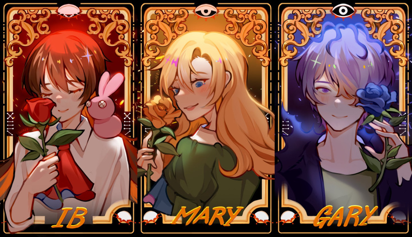 0waff537, 1boy, 2girls, ascot, blonde_hair, blue_eyes, blue_flower, blue_rose
