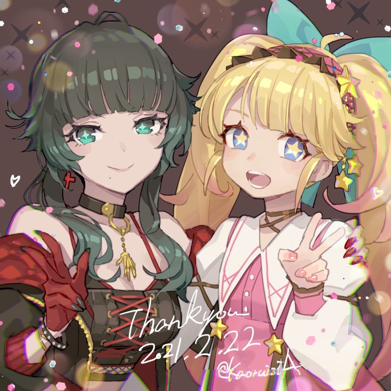 +_+, 2girls, ahoge, aqua_eyes, bangs, black_choker, black_nails, blonde_hair, blue_eyes, blunt_bangs, choker, commentary_request, crop_top, cross, cross_earrings, dress, earrings, gloves, green_hair, hoshizaki_tia, indie_virtual_youtuber, jewelry, jinsei_tsumiko, long_hair, multiple_girls, open_mouth, pink_dress, pink_nails, pota_(bluegutty), red_gloves, short_hair_with_long_locks, smile, twintails, v