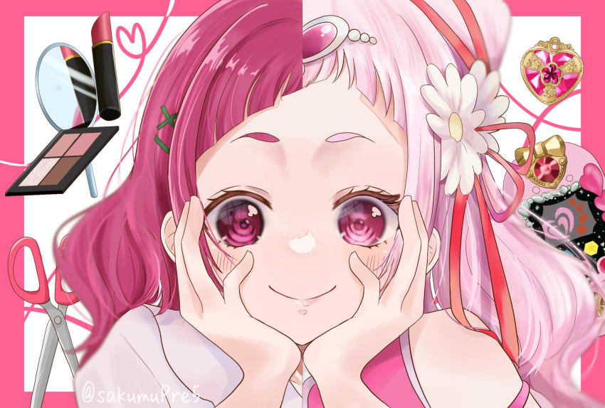 blush, commentary_request, cone_hair_bun, cosmetics, cure_yell, flower, hair_bun, hair_flower, hair_ornament, hairclip, hands_on_own_cheeks, hands_on_own_face, heart, heart_hair_ornament, highres, hikimayu, hugtto!_precure, lipstick_tube, long_hair, magical_girl, makeup, nono_hana, pink_eyes, pink_hair, precure, sakumupre5, scissors, short_bangs, smile, split_theme