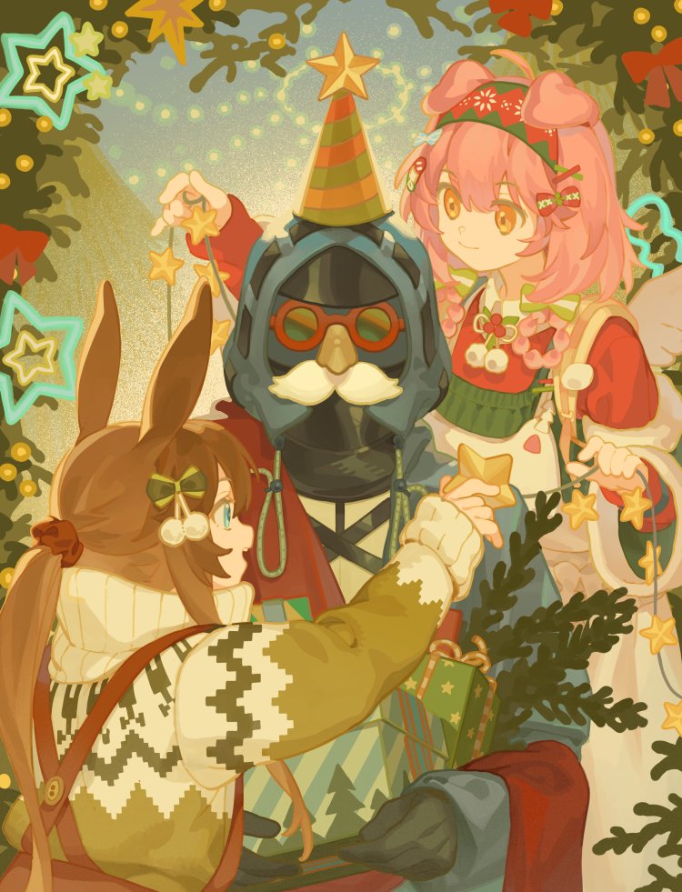 1other, 2girls, alternate_costume, amiya_(arknights), angel_wings, animal_ears, apron, arknights
