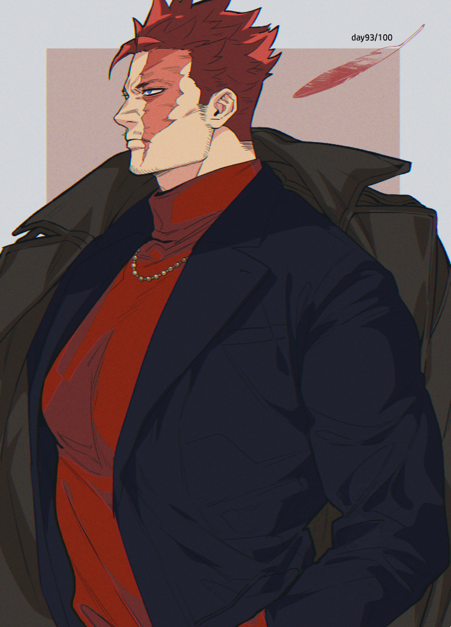 1boy, aqua_eyes, black_coat, boku_no_hero_academia, coat, endeavor_(boku_no_hero_academia), facial_hair, feathers