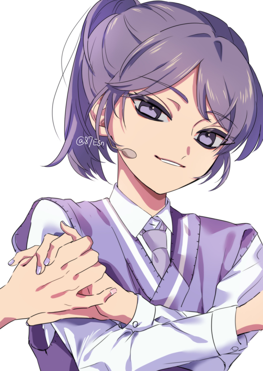 1girl, 87esn, absurdres, animification, collared_shirt, girls_planet_999, head_tilt, headset