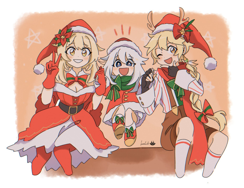 1boy, 2girls, aether_(genshin_impact), belt, blonde_hair, braid, brother_and_sister, fake_antlers