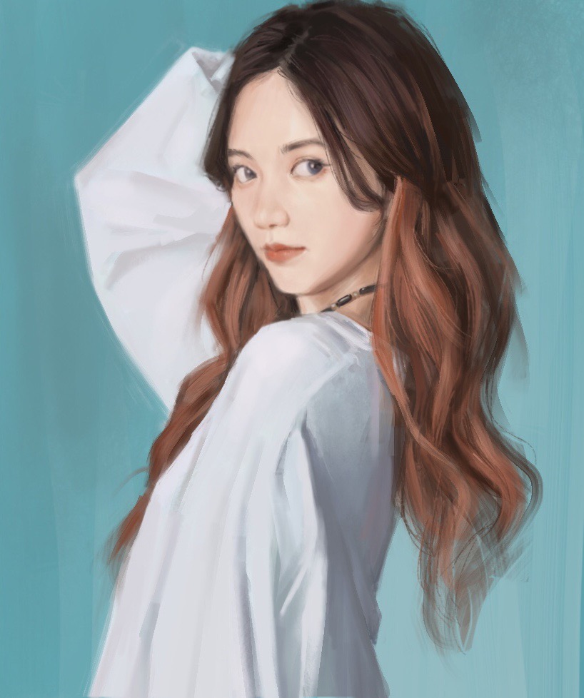 1girl, arm_behind_head, black_choker, blue_background, blue_eyes, blue_shirt, brown_hair, chic_chili