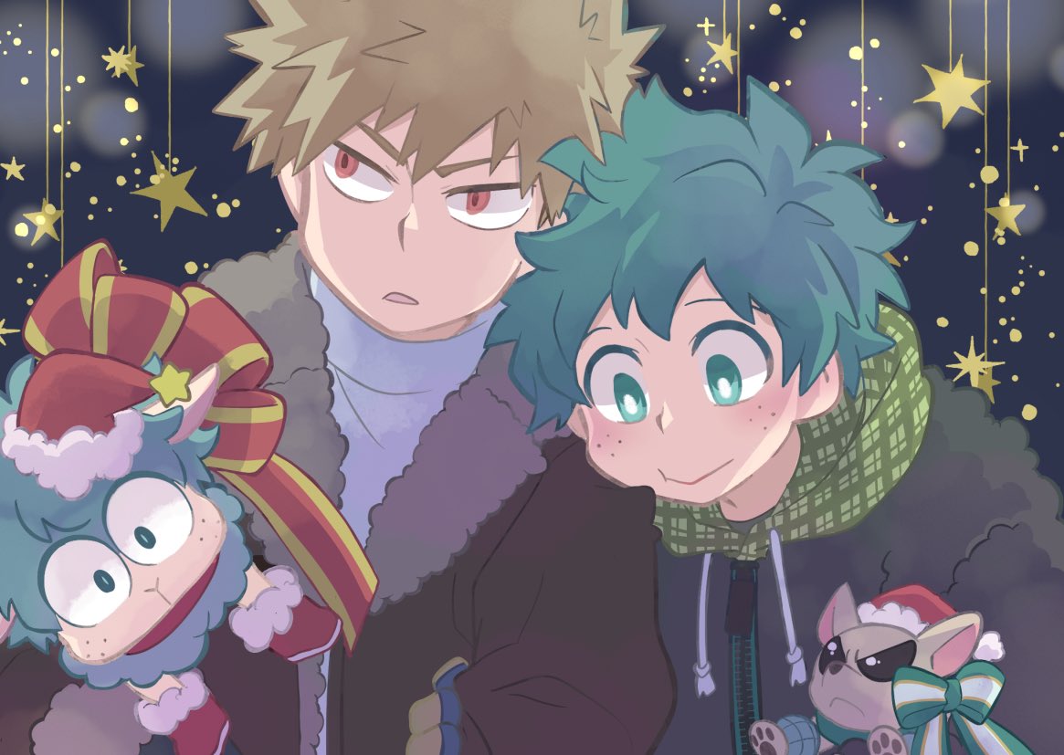 2boys, animal, animalization, bakugou_katsuki, blonde_hair, blush, boku_no_hero_academia, bow, bright_pupils, brown_coat, brown_dog, chihuahua, christmas, closed_mouth, clothed_animal, coat, commentary_request, dog, freckles, green_bow, green_eyes, green_hair, green_scarf, hat, head_on_another's_shoulder, holding, holding_animal, kan_(k_mham1212), male_focus, midoriya_izuku, multiple_boys, open_mouth, red_bow, red_eyes, red_headwear, santa_hat, scarf, sheep, short_hair, smile, spiky_hair, star_(symbol), upper_body, white_pupils, winter_clothes, zipper